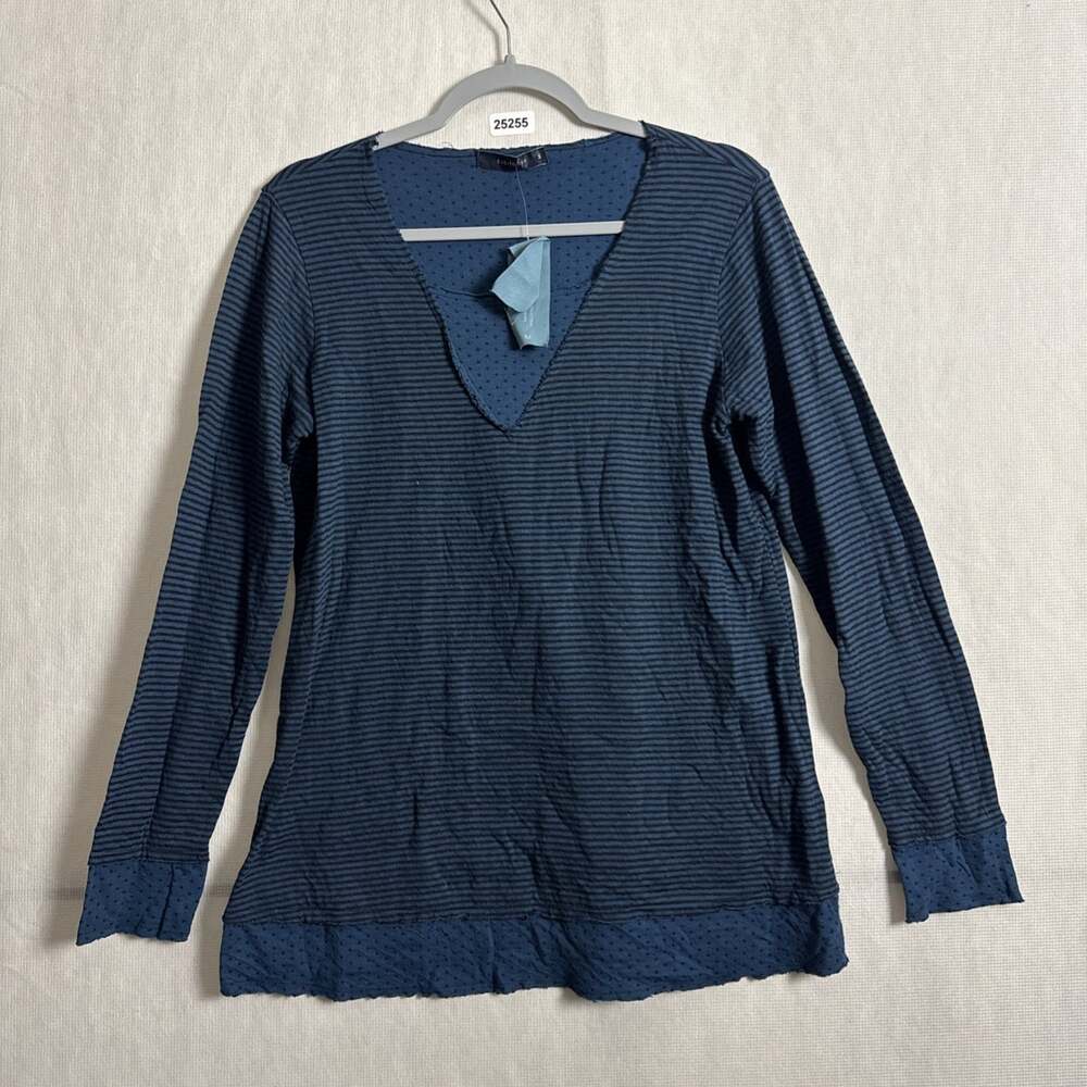 Cut Loose Women's Medium Blue Stripped Cotton Blend Lagenlook Long Sleeve Shirt